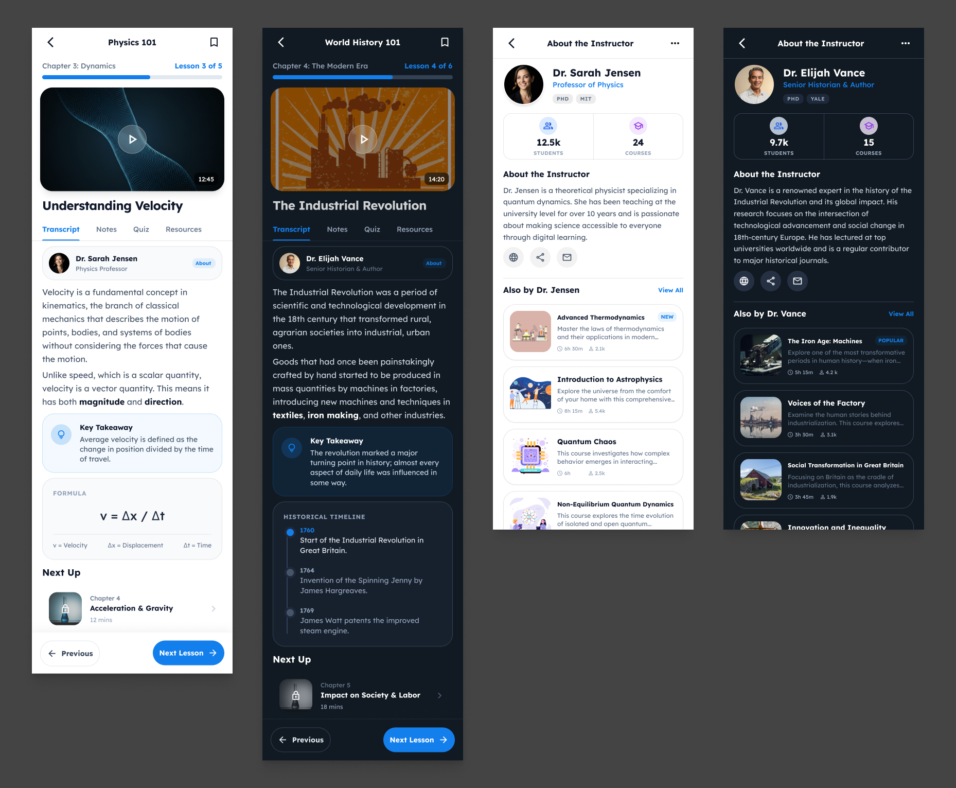 BrainStream new lesson page and instructor profile designs
